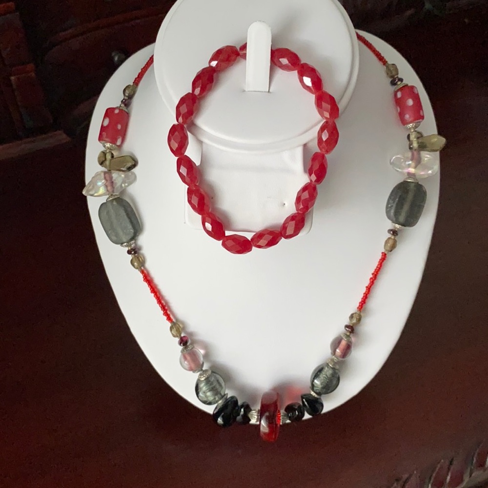 Red, Black, Grey Necklace and Red Beaded Bracelet
